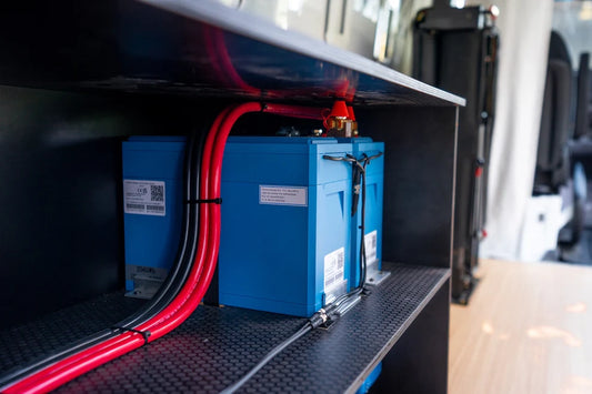 Close-up of Victron batteries and cabling inside the pre-wired Sprinter power system