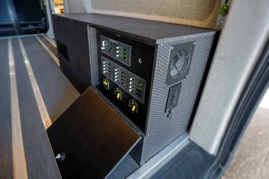 Passenger side Artek pre-wired 12V power system mounted at the Sprinter rear wheel well