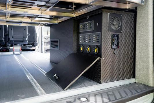 Passenger side pre-wired Victron 12V power box installed in a Mercedes Sprinter van