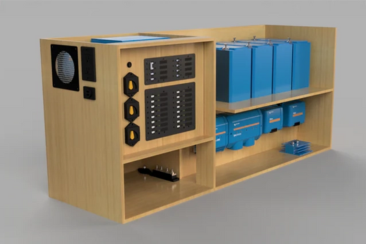 Angled front render of the Artek pre-wired 12V power box for Sprinter vans