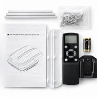 Remote control, battery, and manual for pro breeze fan on a white background