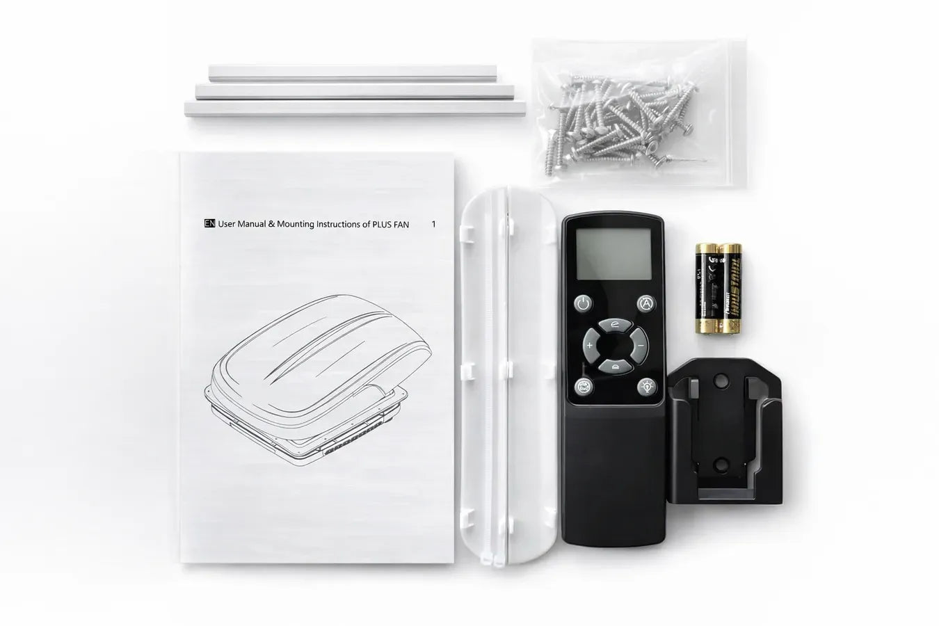 Remote control, battery, and manual for pro breeze fan on a white background