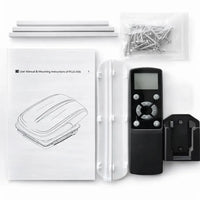A product kit laid out on a white background, including a black handheld remote control, a black mounting bracket, a clear plastic sleeve, a printed user manual, a small bag of screws, and two white rods.