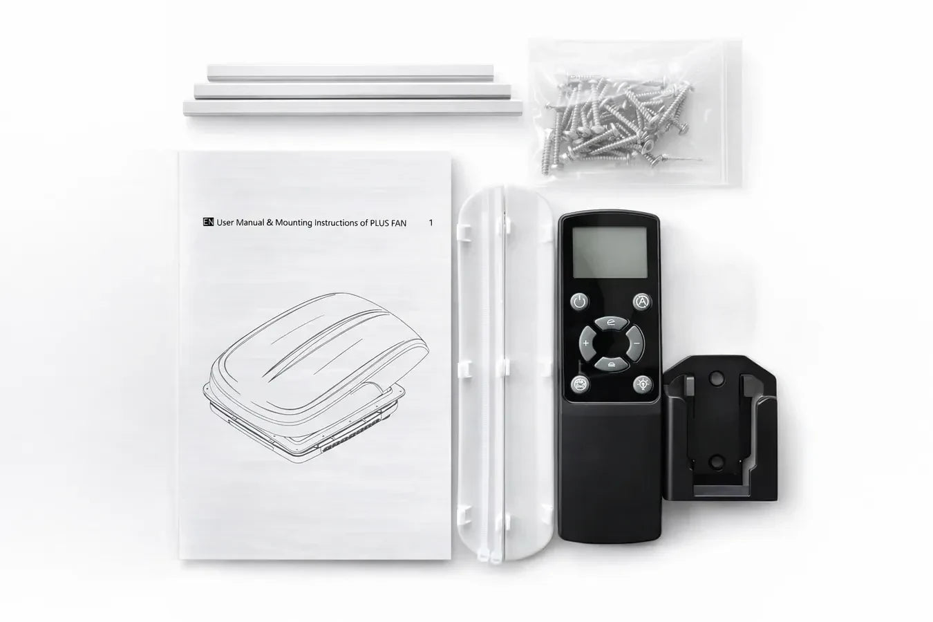 A product kit laid out on a white background, including a black handheld remote control, a black mounting bracket, a clear plastic sleeve, a printed user manual, a small bag of screws, and two white rods.