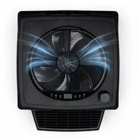Black air cooler with fan blades on a white background
