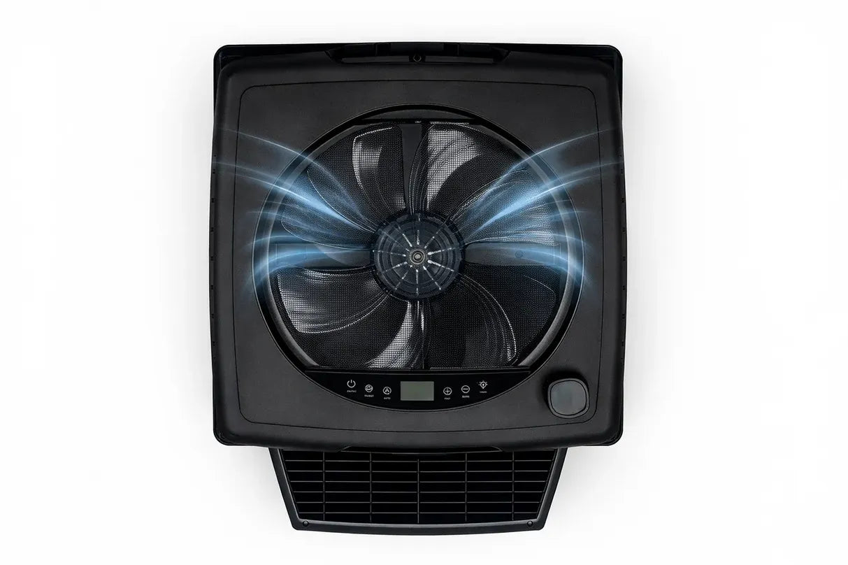 Black air cooler with fan blades on a white background