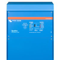 Blue Victron Energy Quattro battery charger and inverter on a white background