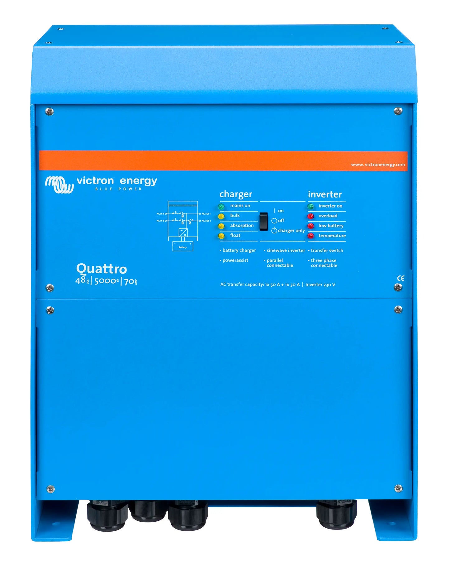 Blue Victron Energy Quattro 48/3500/1600 power station on a white background