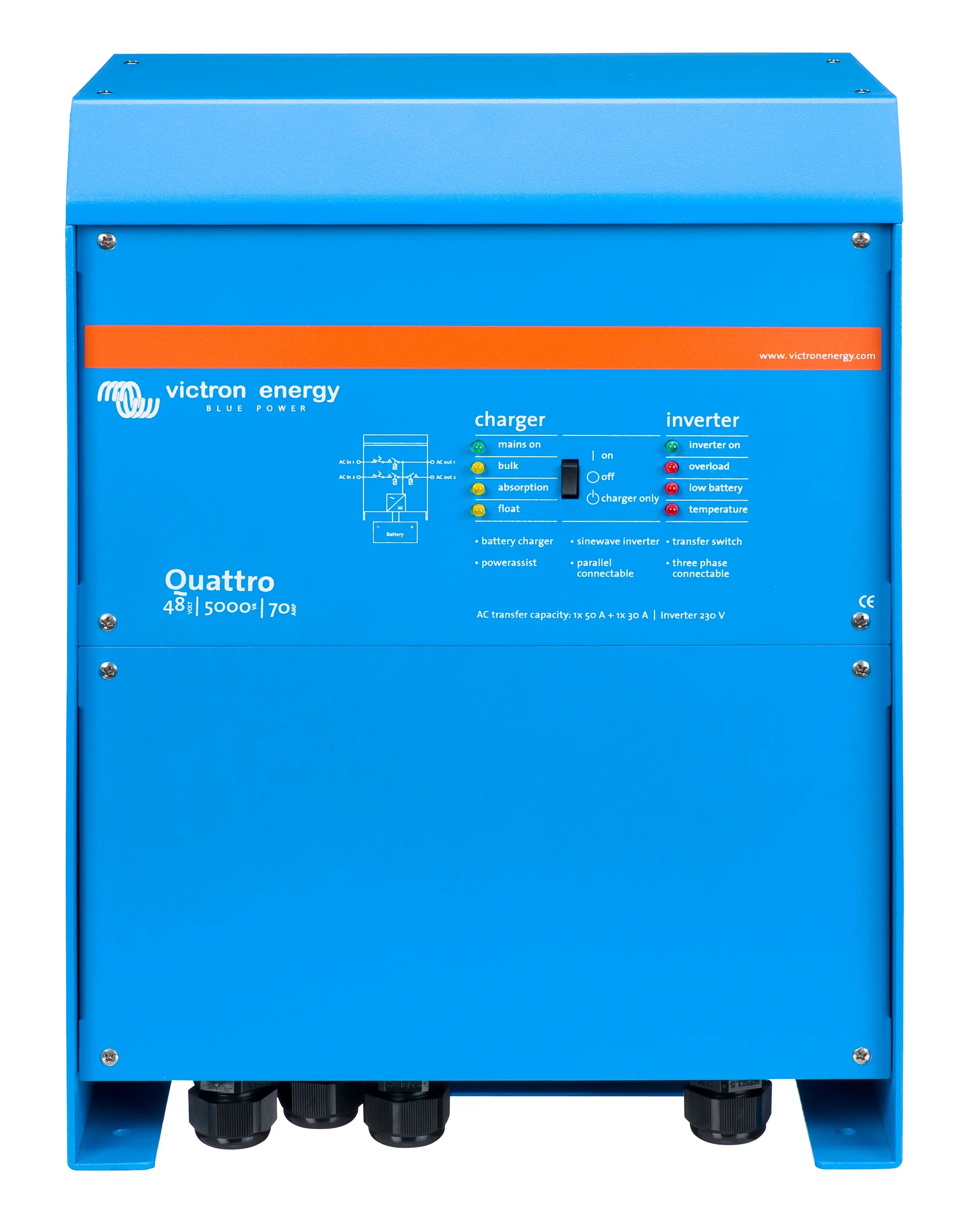 Blue Victron Energy Quattro 48/3500/1600 power station on a white background