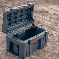 Roam 55L case open showing seal and hinge