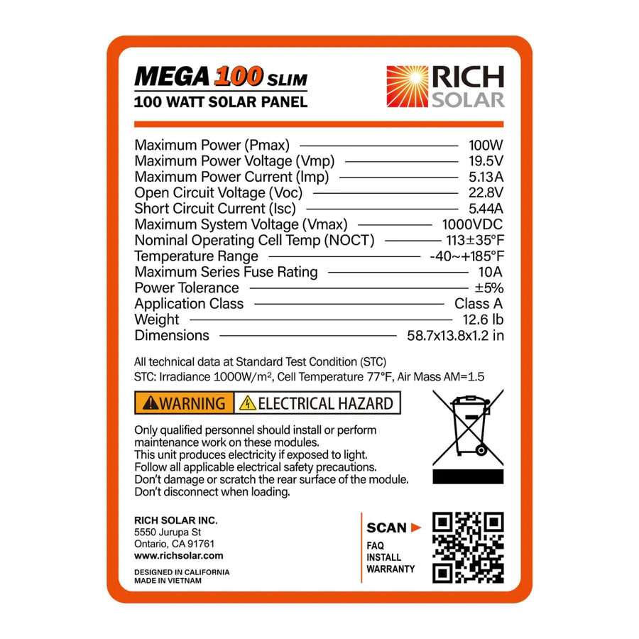 Rich 100 Watt Slim Monocrystalline Solar Panel Designed Specifically for Van Installations LABEL