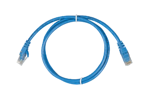 Blue RJ 45 cable coiled on a white background