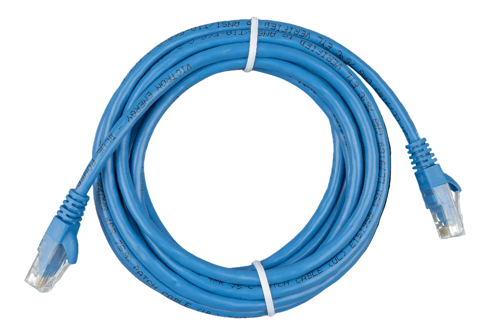 Coiled blue Ethernet cable on a white background