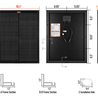 Technical diagram of a rich 50 mega black solar panel with dimensions and features labeled.