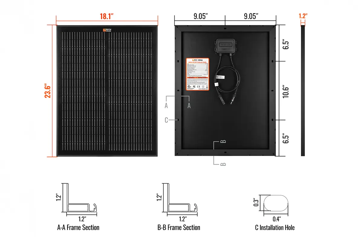 Technical diagram of a rich 50 mega black solar panel with dimensions and features labeled.