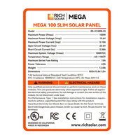 Rich Solar MEGA 100 Slim solar panel label with specifications on a white background