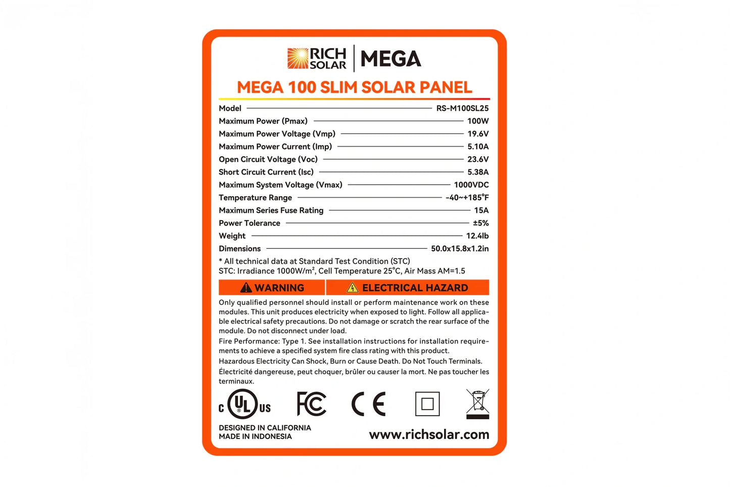 Rich Solar MEGA 100 Slim solar panel label with specifications on a white background