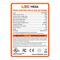 Rich Solar MEGA 250 Pro Onyx solar panel label with specifications and certifications.