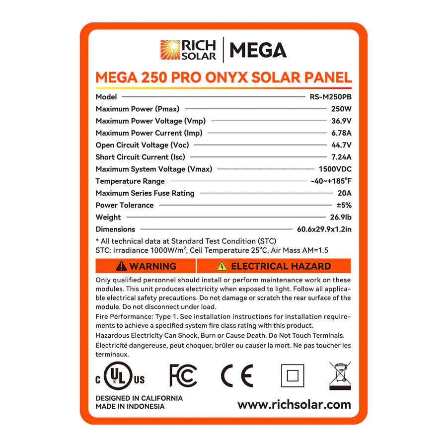 Rich Solar MEGA 250 Pro Onyx solar panel label with specifications and certifications.