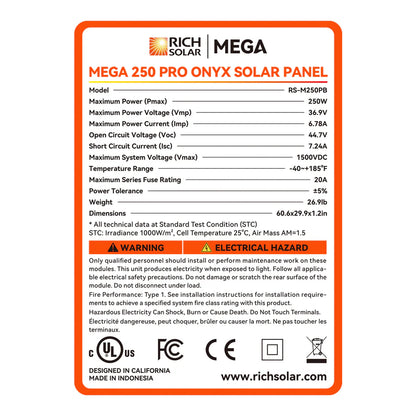 Rich Solar MEGA 250 Pro Onyx solar panel label with specifications and certifications.
