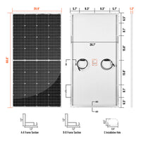 Technical drawing of a rich 250 pro solar panel with dimensions and sections labeled.