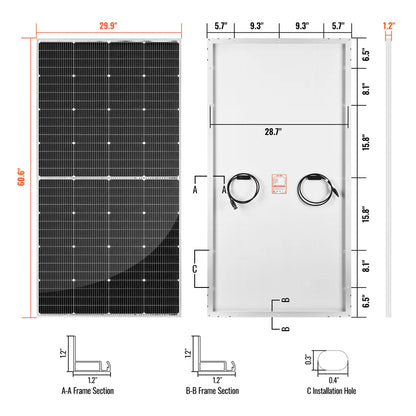 Technical drawing of a rich 250 pro solar panel with dimensions and sections labeled.