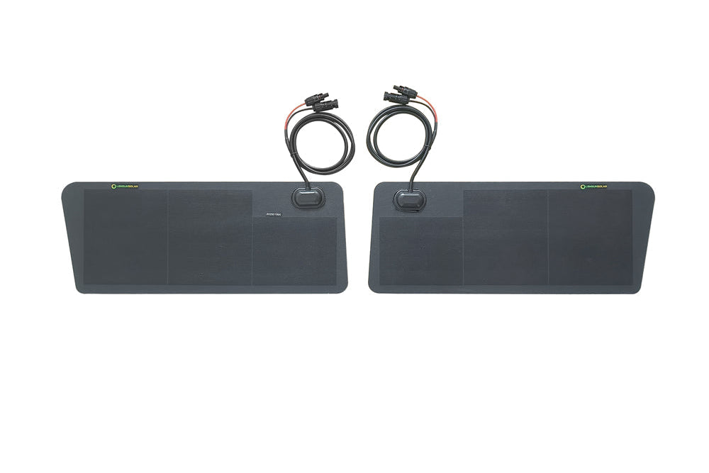 Lensun 52W hood solar panel close-up on Ram ProMaster hood