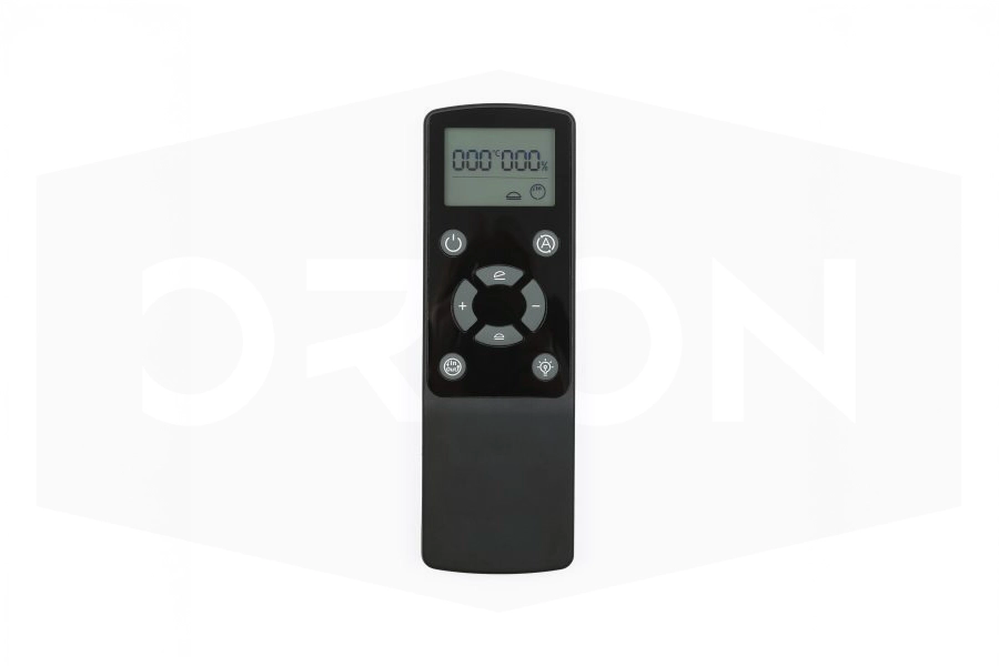 Black remote control with digital display on a white background