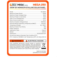 Rich 250 Watt Monocrystalline Solar Panel Specs and label
