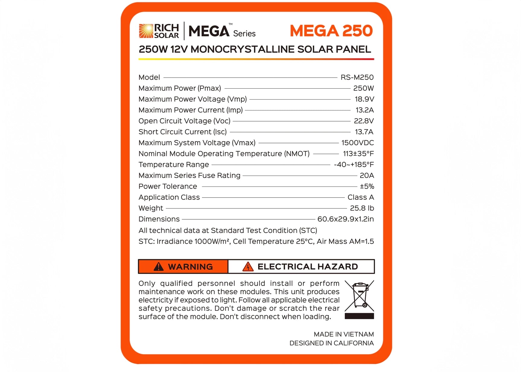 Rich 250 Watt Monocrystalline Solar Panel Specs and label