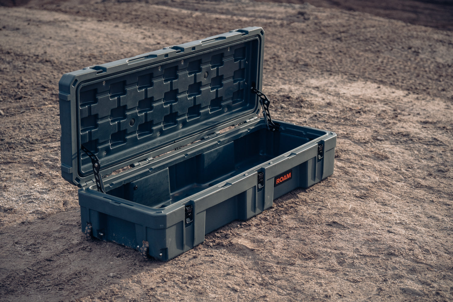 ROAM 128L Rolling Rugged Case open, displaying spacious interior and dust/water-resistant gasket seal