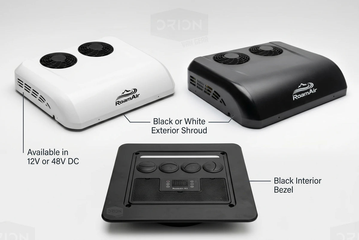 RoamAir R2 black and white exterior shrouds with black interior bezel, available in 12V or 48V DC