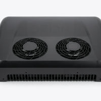Black RoamAir R2 rooftop air conditioner and heat pump showing dual fans and rear ventilation