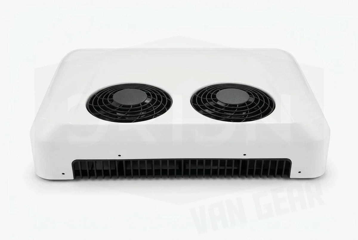 White RoamAir R2 rooftop air conditioner and heat pump showing dual fans and rear ventilation