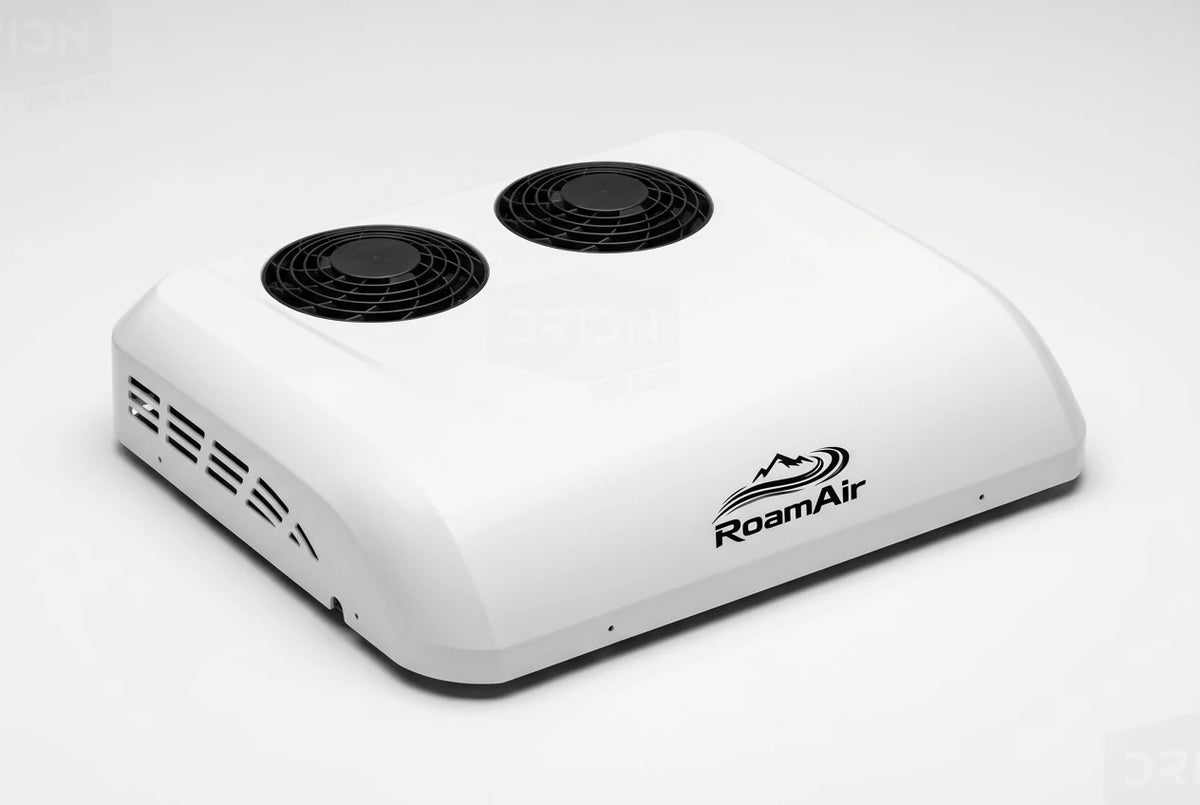 White RoamAir R2 12V and 48V rooftop air conditioner and heat pump, front three-quarter view