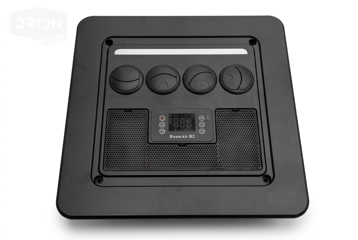 Black interior ceiling bezel and control panel for the RoamAir R2 12V and 48V air conditioner