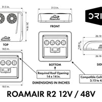 RoamAir R2 12V and 48V rooftop air conditioner dimensions, roof opening and interior bezel measurements