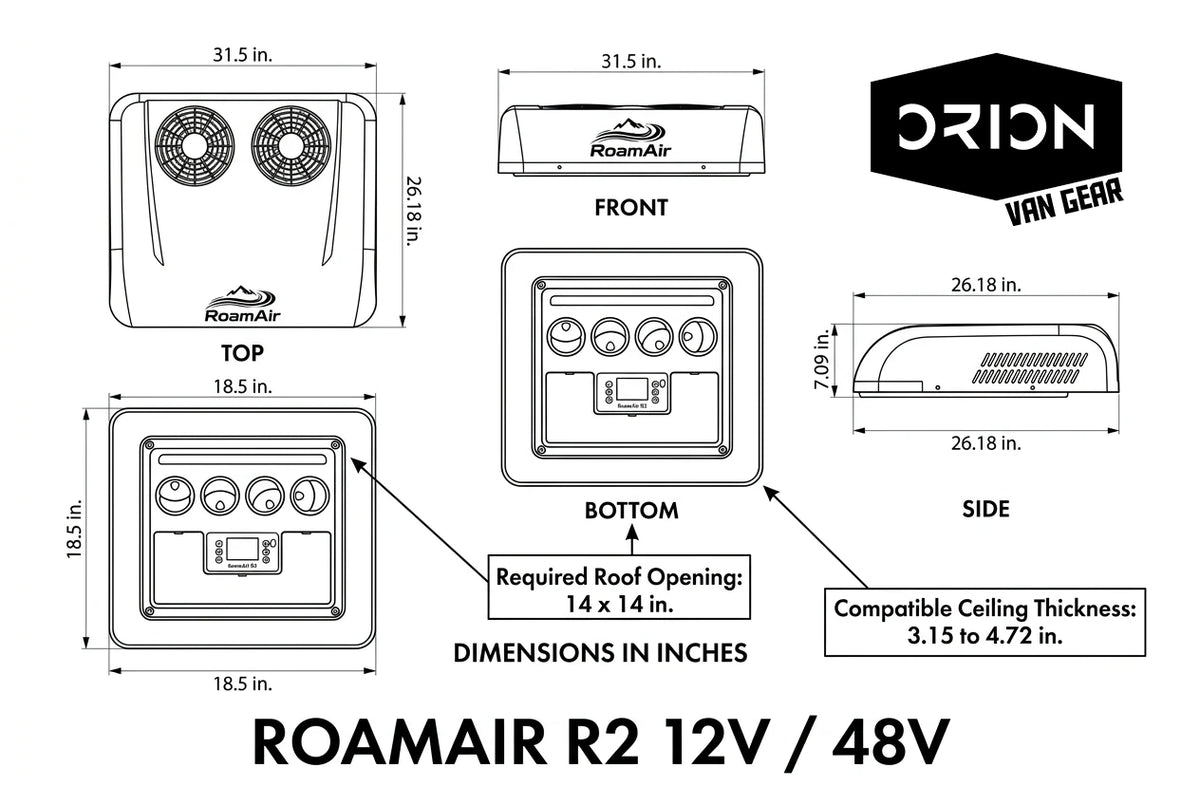 RoamAir R2 12V and 48V rooftop air conditioner dimensions, roof opening and interior bezel measurements