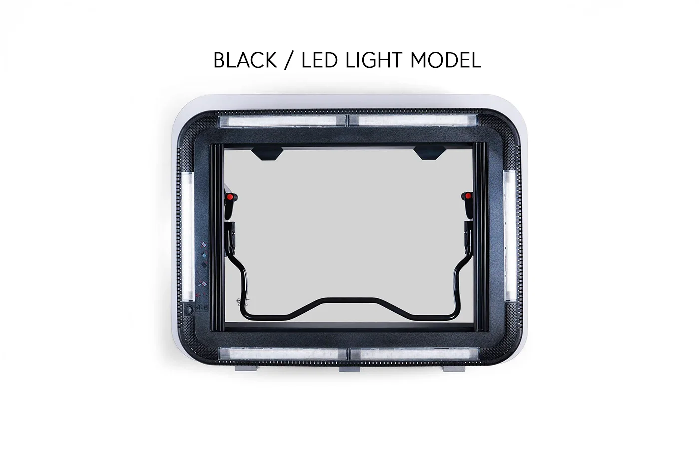 A top-down view of a NomadicArk 700 x 500mm hatch shown with the text 'BLACK / LED LIGHT MODEL' above it.