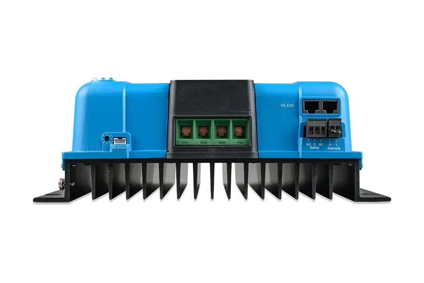 Blue and black electronic device with connectors on a white background