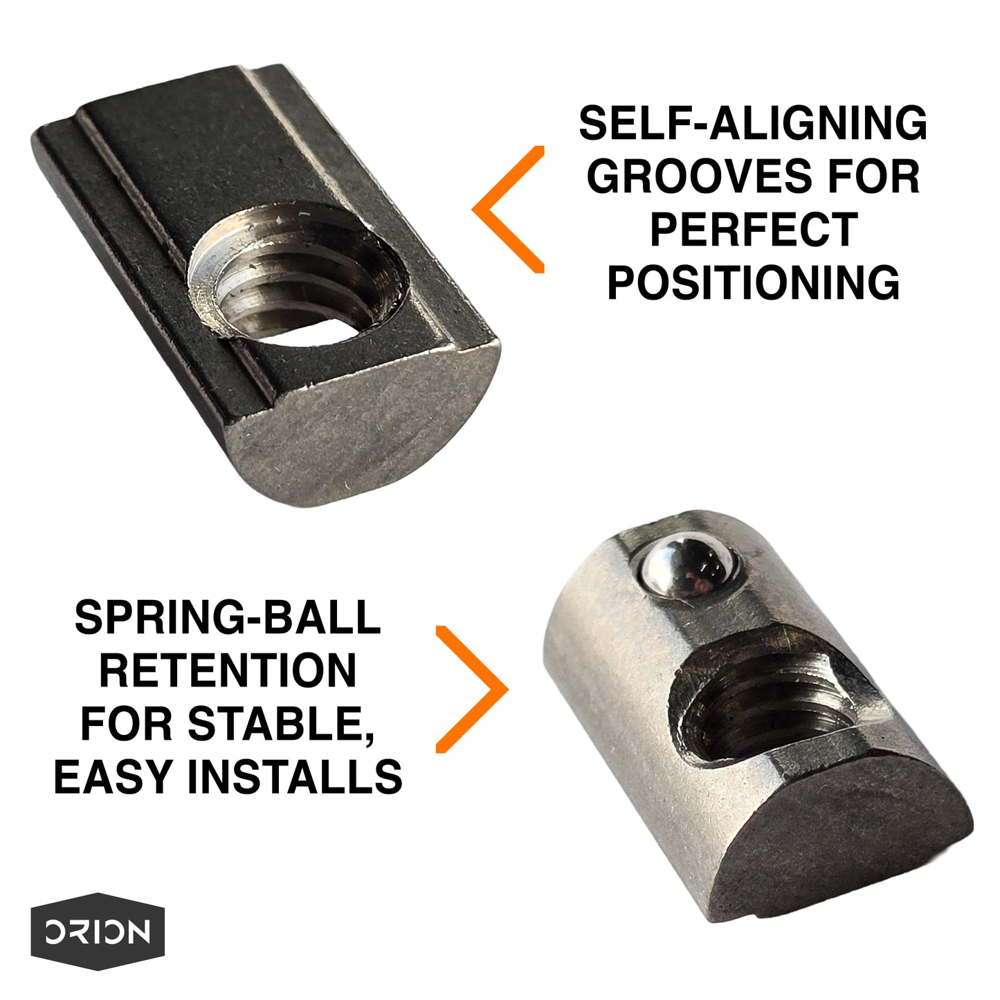 Metal component with self-aligning grooves and spring-ball retention mechanism on a white background, featuring the Orion brand.