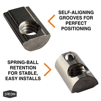 Metal component with self-aligning grooves and spring-ball retention mechanism on a white background, featuring the Orion brand.