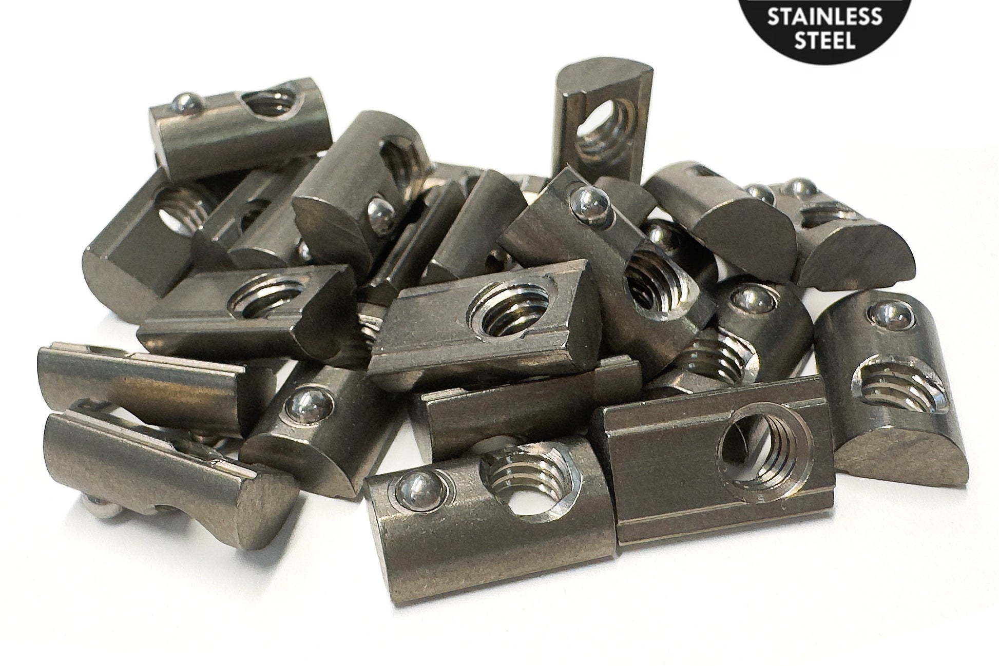 Stack of stainless steel Tnuts with a '304 Stainless Steel' label on a white background
