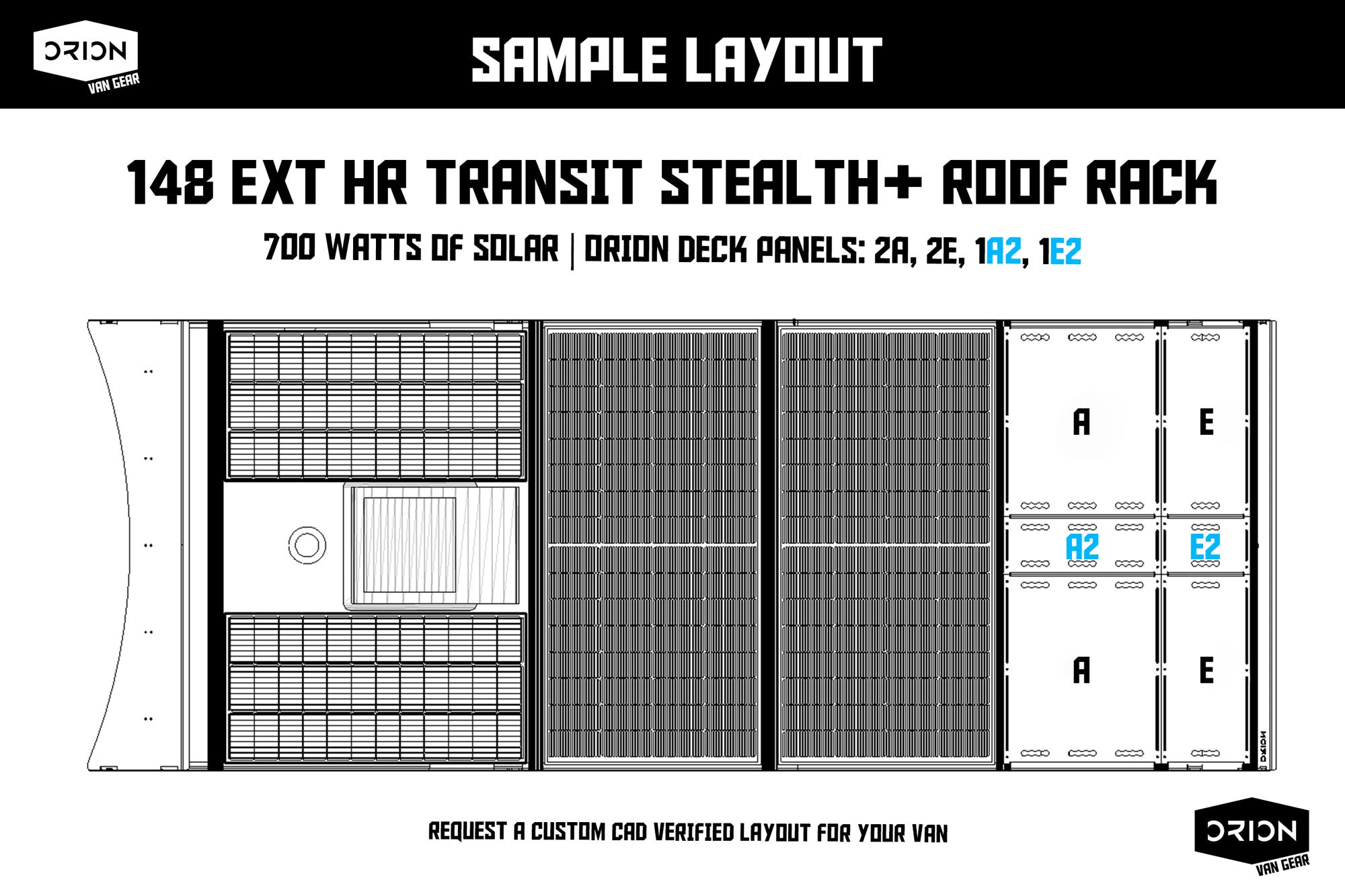 Sample Transit 148 Extended High roof layout with orion roof rack and transit deck panels