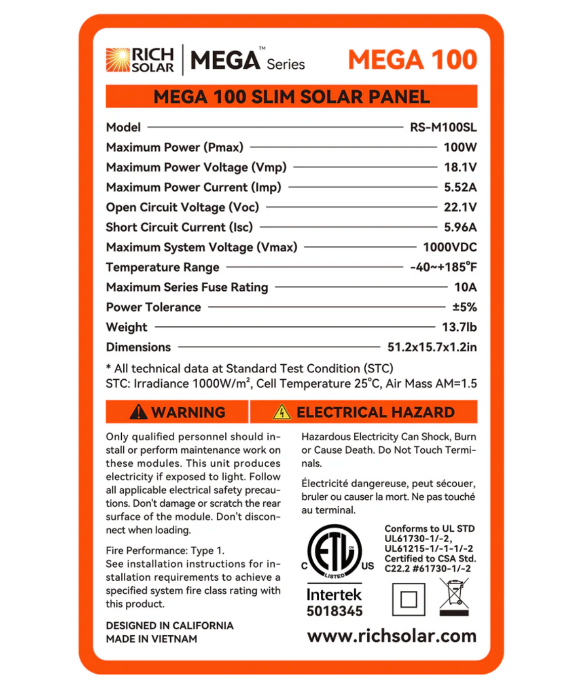 Rich 100 Watt Slim Monocrystalline Solar Panel