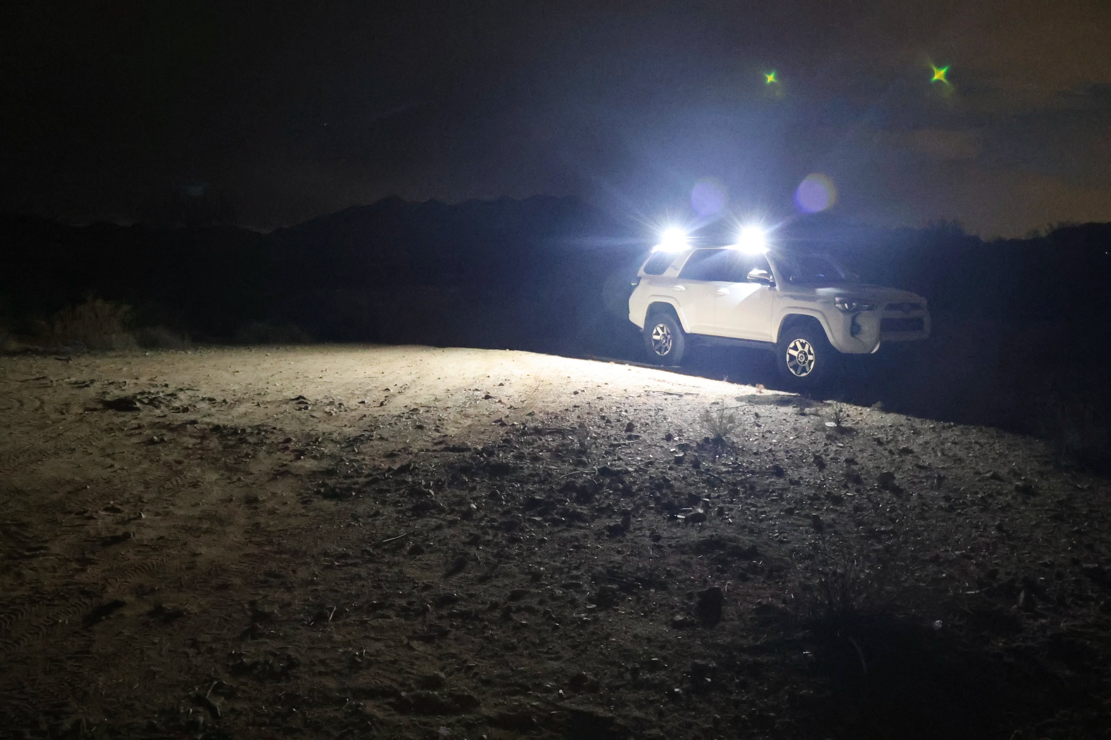 Senna 45 LED  two pack on roof rack and side panel light on a 4runner at night