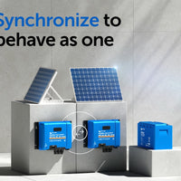 Solar panels and battery systems with synchronization text on a gray background