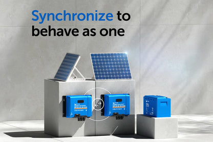 Solar panels and battery systems with synchronization text on a gray background