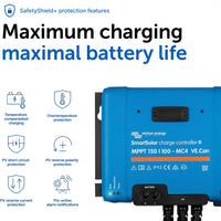 Blue charge controller with safety features and text on a white background