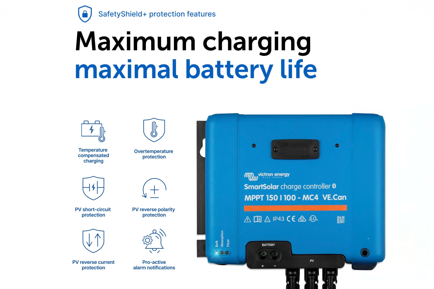 Blue charge controller with safety features and text on a white background